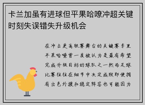 卡兰加虽有进球但平果哈嘹冲超关键时刻失误错失升级机会