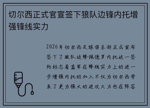 切尔西正式官宣签下狼队边锋内托增强锋线实力 切尔西正式官宣签下狼队边锋内托增强锋线实力
